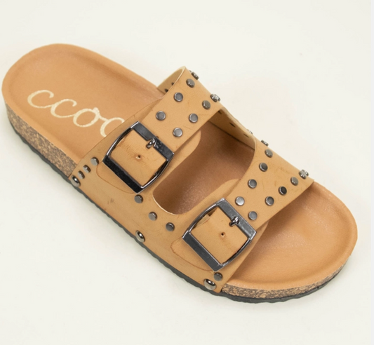 Studded Double Strap Cork Slide Sandals